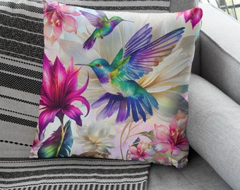 Almohada de tiro cuadrado de colibrí floral, regalo de amante del colibrí, regalo de almohada decorativa amante de las aves, Navidad, cuatro tamaños para elegir