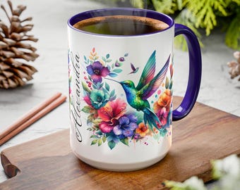 Personlig kolibrimugg, färgglad akvarell kaffekopp, personlig gåva till fågelälskare, keramisk mugg på 280 eller 450 ml, unik naturmugg