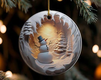 Snowman Christmas Tree Ornament, Winter Wonderland Ceramic Holiday Decoration, Cute Snow Scene Hanging Ornament, Trendy Stocking Stuffer