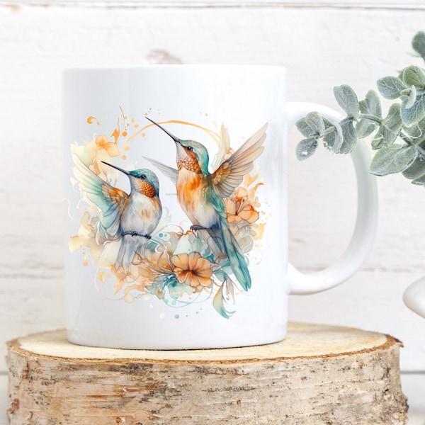 Hummingbird Ceramic Mug, (11oz, 15oz) Floral Hummingbird Lover Coffee Cup, Hummingbird Tea Cup, Bird Lover Mug, Gift for Her, Birthday Gift