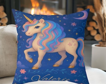Personalized Unicorn Pillow, Custom Name Cushion with Cover, Whimsical Kids Room Decor, Fantasy Gift for Girls, Magical Unicorn Accent