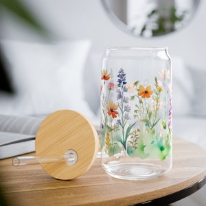 Personalized Wildflower Sipper Glass, 16oz Floral Glass Coffee Cup With Lid and Plastic Straw, Custom Floral Glass Cup, Glass Tumbler Gift