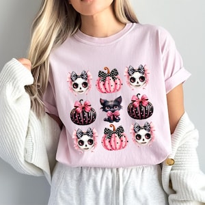 Pink Coquette Halloween T-Shirt, Trendy 9 Block Design ,Comfort Colors® Womens Halloween Tee, Cute Halloween Gift for Her