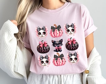 Pink Coquette Halloween T-Shirt, Trendy 9 Block Design ,Comfort Colors® Womens Halloween Tee, Cute Halloween Gift for Her