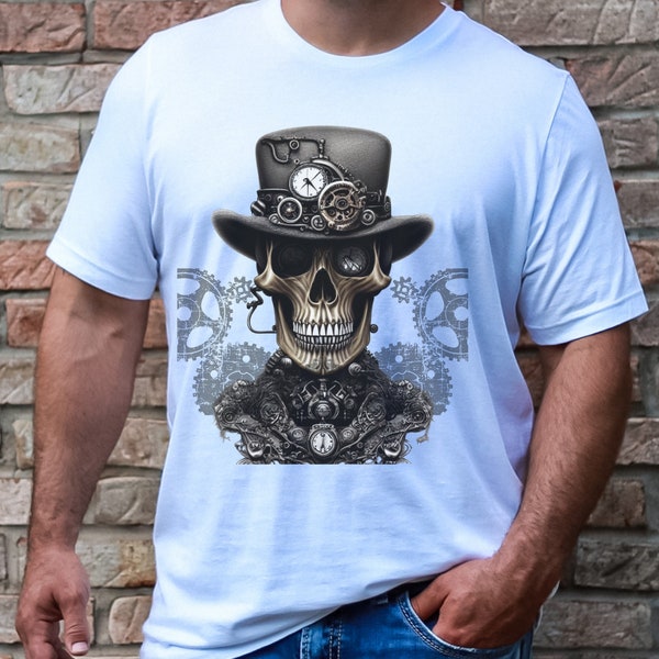 Steampunk Skull T-shirt, Clockpunk Skull Tee, Clock Gears Shirt, Victorian Era Steampunk Skull Gift for Men, Unique Gift for Him