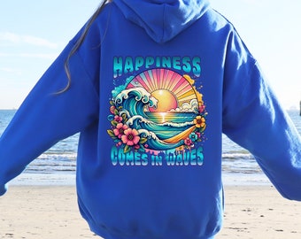 La felicidad viene en sudadera con capucha de olas, sudadera con capucha acogedora para amantes de la playa, jersey de olas del océano, ropa de vacaciones de verano, idea de regalo de surf