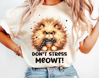 Camiseta Don't Stress Meowt Comfort Colors, divertida camiseta para amantes del café con gato enojado, linda camiseta estética retro, acogedora camiseta gráfica con gato esponjoso