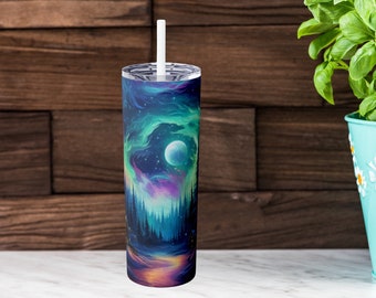 Northern Lights Skinny Tumbler with Straw, 20oz, Alaskan Northern Lights Travel Mug, Aurora Borealis Personalized Galaxy Night Sky Gift