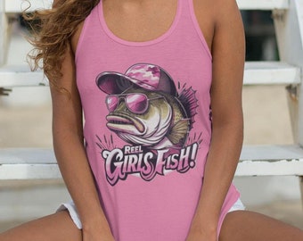 Reel Girls Fish Racerback Tank, Canotta da pesca divertente per donna, Canotta da pesca divertente per donna, Abbigliamento da pescatore carino, Maglietta da pesca regalo