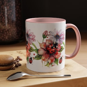Whimsical Ladybug and Floral Design Coffee Mug, Two-Toned Ceramic Cup, Perfect Gift for Nature Lovers, Garden Lover Gift, Ladybug Lover