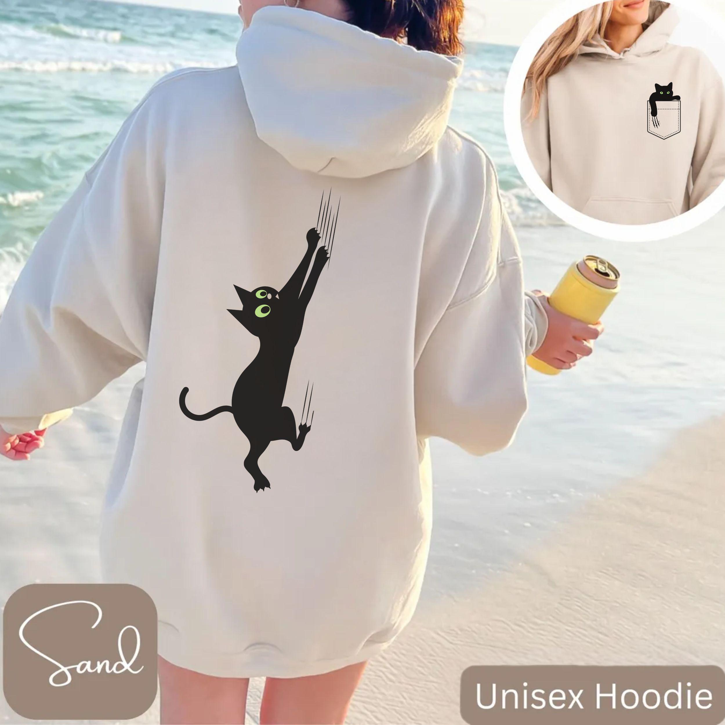 Black Cat Hoodie With Front & Back Print, Cute Climbing Cat Unisex ...