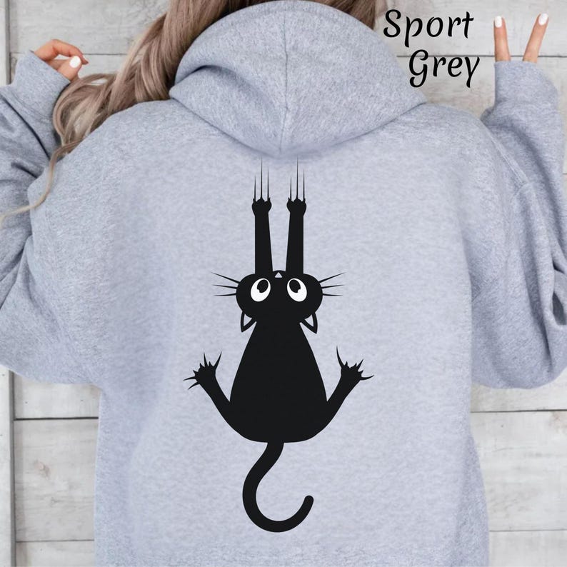 Black Cat Hoodie With Front & Back Print, Cute Climbing Cat Unisex ...