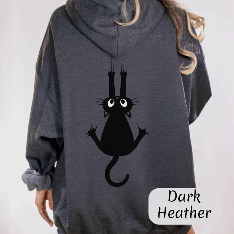 Black Cat Hoodie With Front & Back Print, Cute Climbing Cat Unisex ...