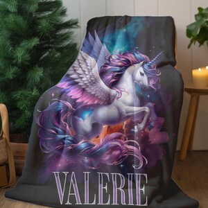 Pegasus Plush Blanket, Personalized Name Velveteen Throw, Cozy Custom Gift for Kids, Fantasy Home Decor, Birthday, Holiday, Nursery image 2
