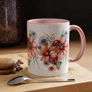 Floral Ladybug Two-Tone Accent Mug, Garden Lover&#39;s Coffee Cup, Springtime Gift, Nature-Inspired Mug, Ladybug Lover Gift, Gift for Mom