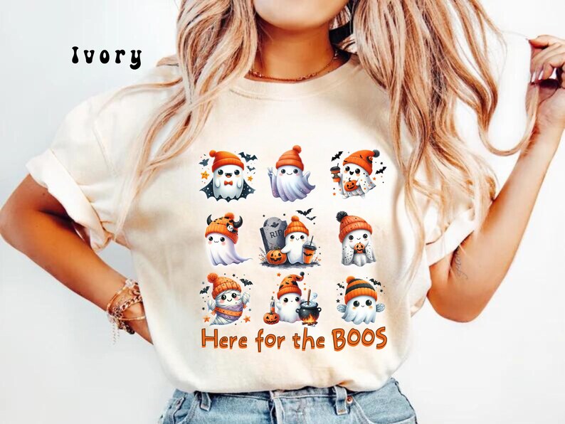 Comfort Colors® Here for the BOOS Ghost T-shirt, Halloween 9 Block Ghost Shirt, Cute Halloween Tee, Trendy Unisex Halloween Ghost Lover Gift image 2