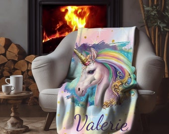 Custom Unicorn Blanket, Personalized Name Plush Unicorn Blanket, Girls Unicorn Blanket, Velveteen Plush Custom Blanket, Gift for Daughter