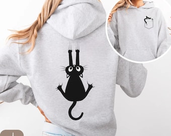 Zwarte kat hoodie met print op voor- en achterkant, leuke klimkat uniseks sweater, grappig kattenliefhebber cadeau, minimalistische huisdier hoodie, gezellige kattenkleding