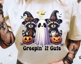 Creepin' It Cute Raccoon Halloween Shirt, Comfort Colors Spooky Ghost Tee, Cute Fall Pumpkin T-Shirt, Trick or Treat Animal Top