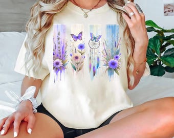 Boho Floral Dreamcatcher Shirt, Butterfly Brushstroke Tee, Bohemian Comfort Colors Shirt, Nature Lover Gift for her, Earthy Hippie Top