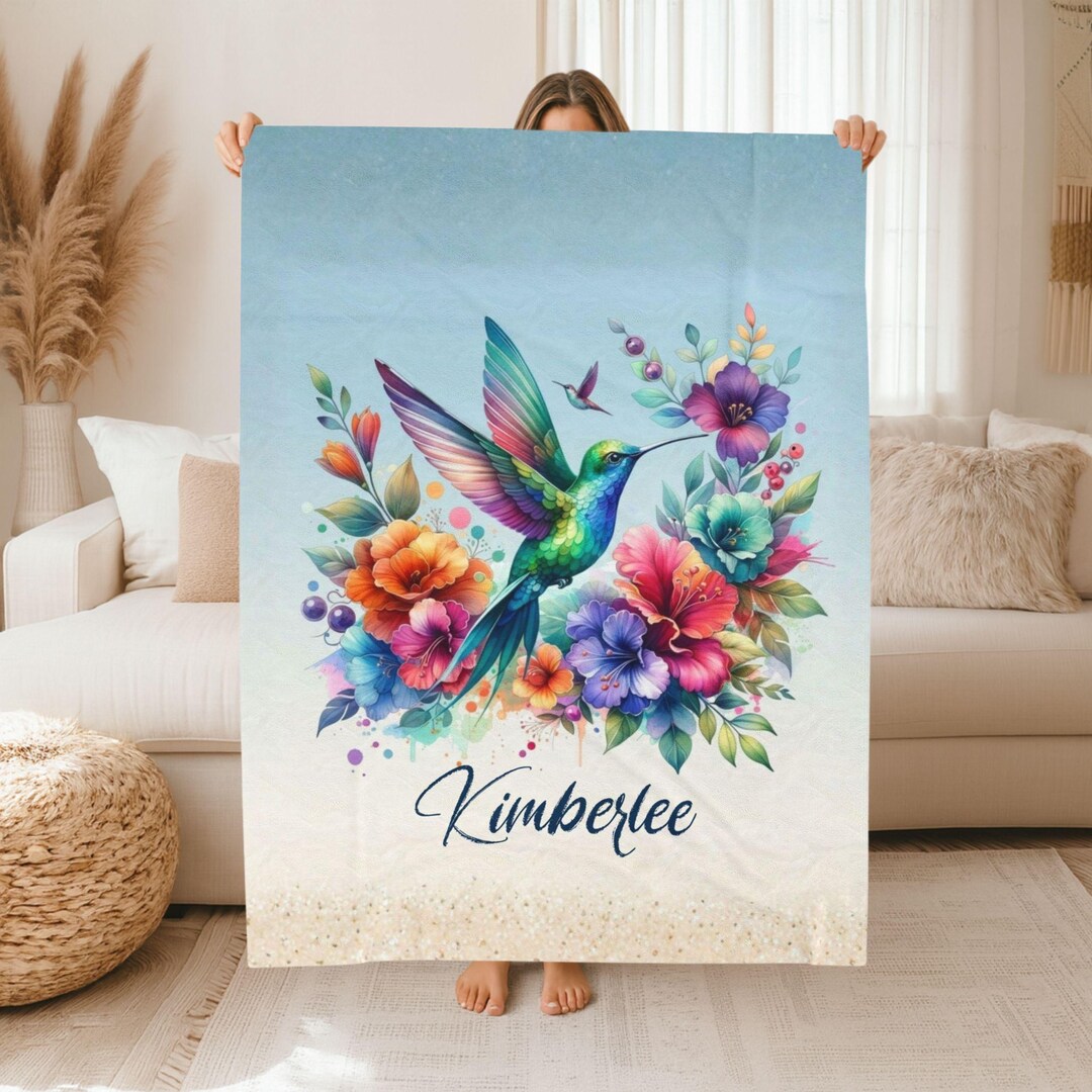 Hummingbird Floral Throw, Personalized Velveteen Plush Blanket, Soft ...