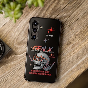 Gen X Skull Samsung Galaxy Phone Case, Personalized Name and Year Phone Cover, Tough Phone Case Gift, Custom Gen X Retro Skull Accessory
