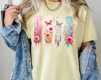 Boho Floral Dreamcatcher Shirt, Butterfly Brushstroke Tee, Bohemian Comfort Colors Shirt, Nature Lover Gift for Her, Earthy Hippie Top