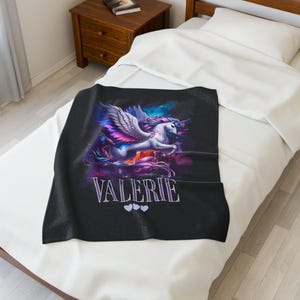 Pegasus Plush Blanket, Personalized Name Velveteen Throw, Cozy Custom Gift for Kids, Fantasy Home Decor, Birthday, Holiday, Nursery image 3