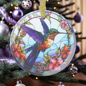 Hummingbird Stained Glass Christmas Ornaments, Hummingbird Glass Ornament, Hummingbird Lover Gift, Purple Christmas Tree Decor