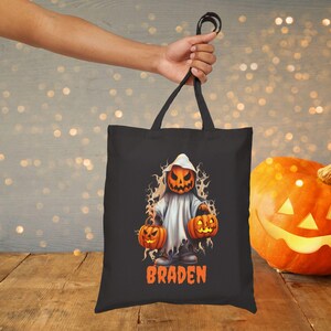 Personalized Trick or Treat Bag, Custom Halloween Tote Bag, Custom Halloween Tote, Black Canvas Halloween Bag, Kids Halloween Candy Bag15x16