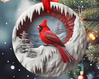 Winter Cardinal Acrylic Ornament with Ribbon, Optical Illusion Flat Non-Textured Plastic Ornament, Trendy Decoration, Cardinal Lover Gift