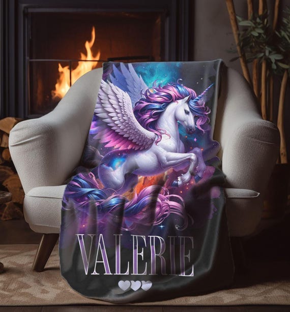 Pegasus Plush Blanket, Personalized Name Velveteen Throw, Cozy Custom Gift for Kids, Fantasy Home Decor, Birthday, Holiday, Nursery