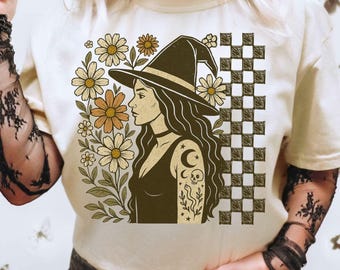 Vintage Witchy Woman T-Shirt, Comfort Colors Fall Tee, Floral Checkerboard Halloween Shirt, Mystic Tattoo Cottagecore Top