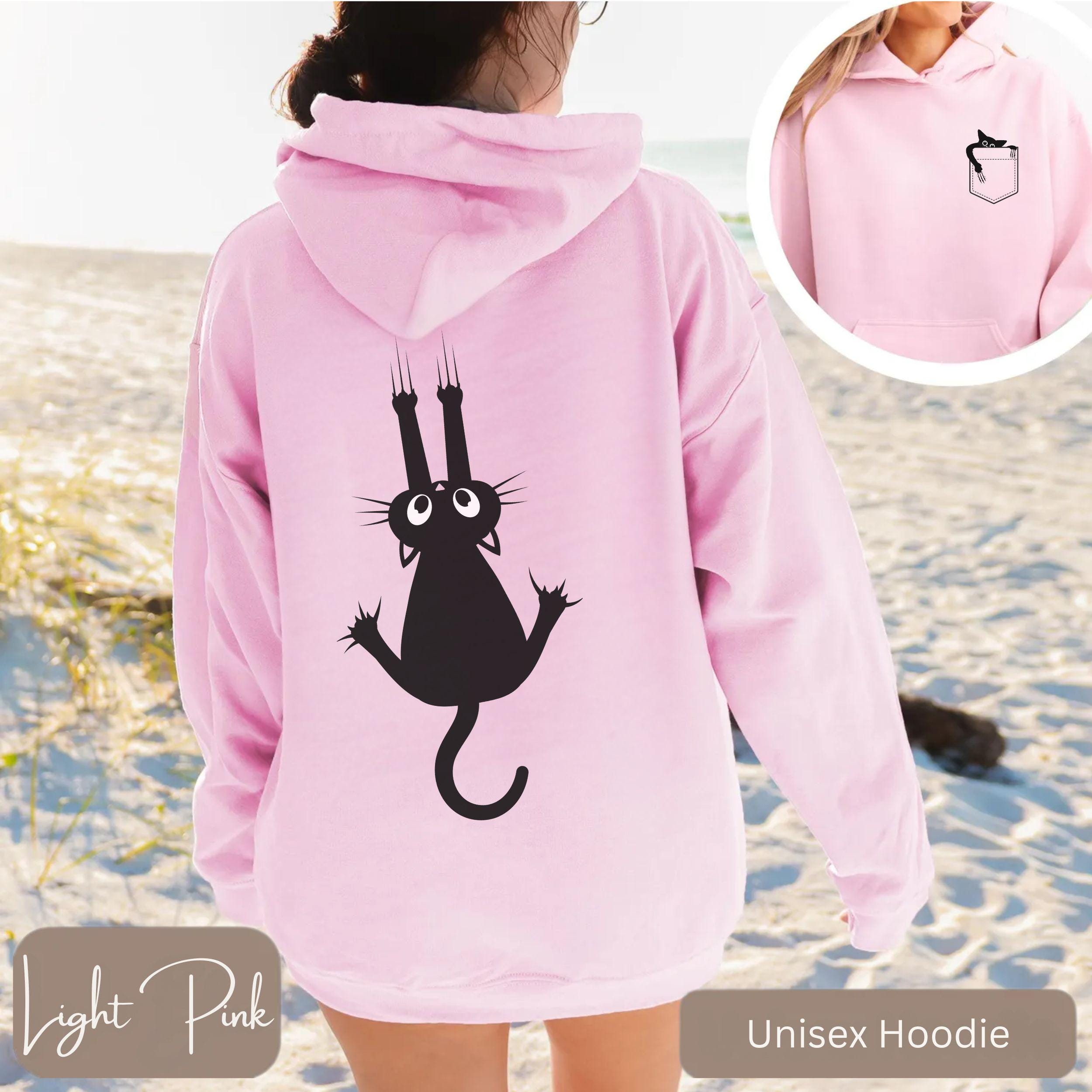 Black Cat Hoodie With Front & Back Print, Cute Climbing Cat Unisex ...