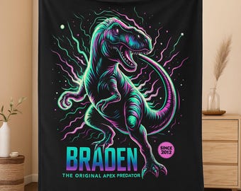 Personalized Dinosaur Name Blanket, Neon T-Rex Birthday Gift, Custom Year Born Blanket, Kids Room Decor, Velveteen Plush Throw, 50x60 60x80