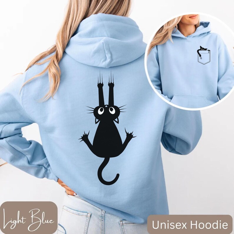 Black Cat Hoodie With Front & Back Print, Cute Climbing Cat Unisex ...