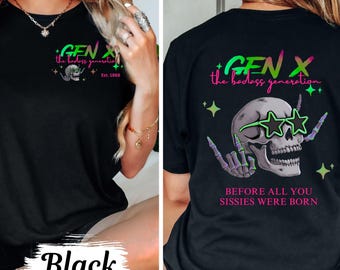Maglietta personalizzata Gen X Year, divertente maglietta retrò con teschio e colori comodi, design frontale e posteriore della generazione X, maglietta unisex in stile vintage anni '90
