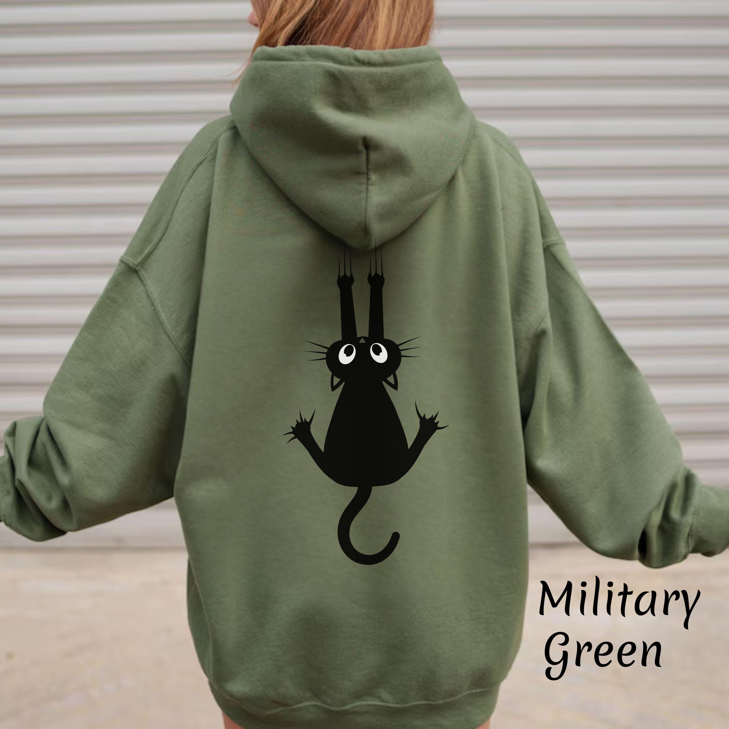 Black Cat Hoodie With Front & Back Print, Cute Climbing Cat Unisex ...