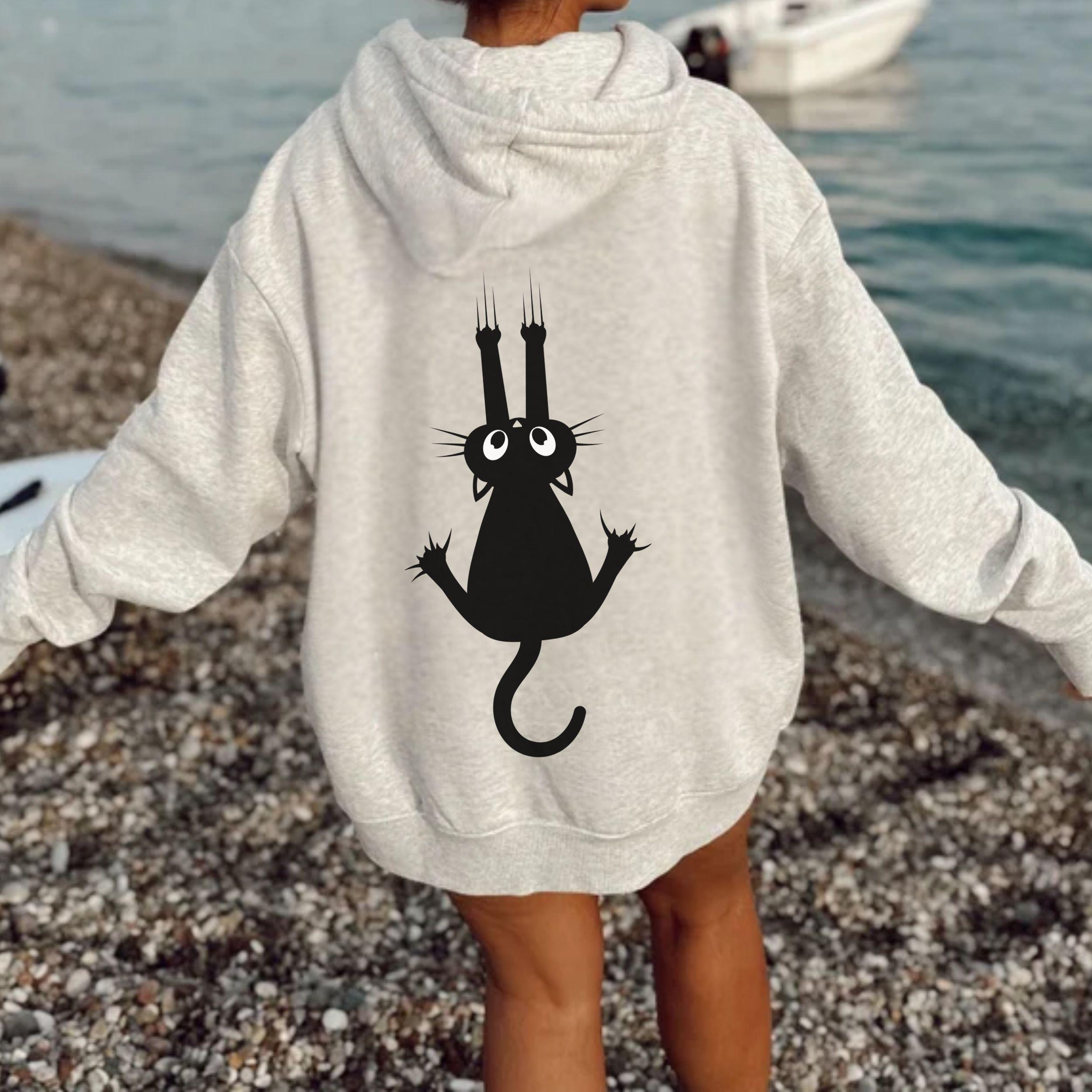 Black Cat Hoodie With Front & Back Print, Cute Climbing Cat Unisex ...