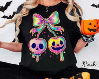 Kokette Halloween Comfort Farben Shirt, Pastell Goth Bogen Kürbis Schädel T-Shirt, Süßes gruseliges Grafik-T-Shirt, Retro Herbst Ästhetisches Top