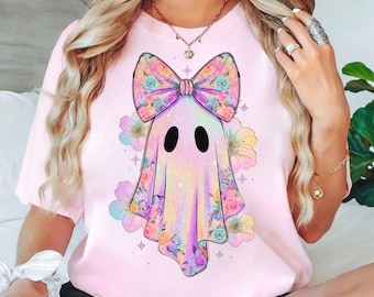 Floral Ghost T-Shirt, Pastel Coquette Halloween Comfort Colors Tee, Cute Spooky Season Shirt, Kawaii Fall Aesthetic Graphic Top