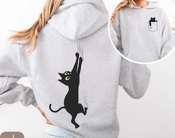 Zwarte kat hoodie met print op voor- en achterkant, leuke klimkat uniseks sweater, grappig kattenliefhebber cadeau, minimalistische huisdier hoodie, gezellige kattenkleding