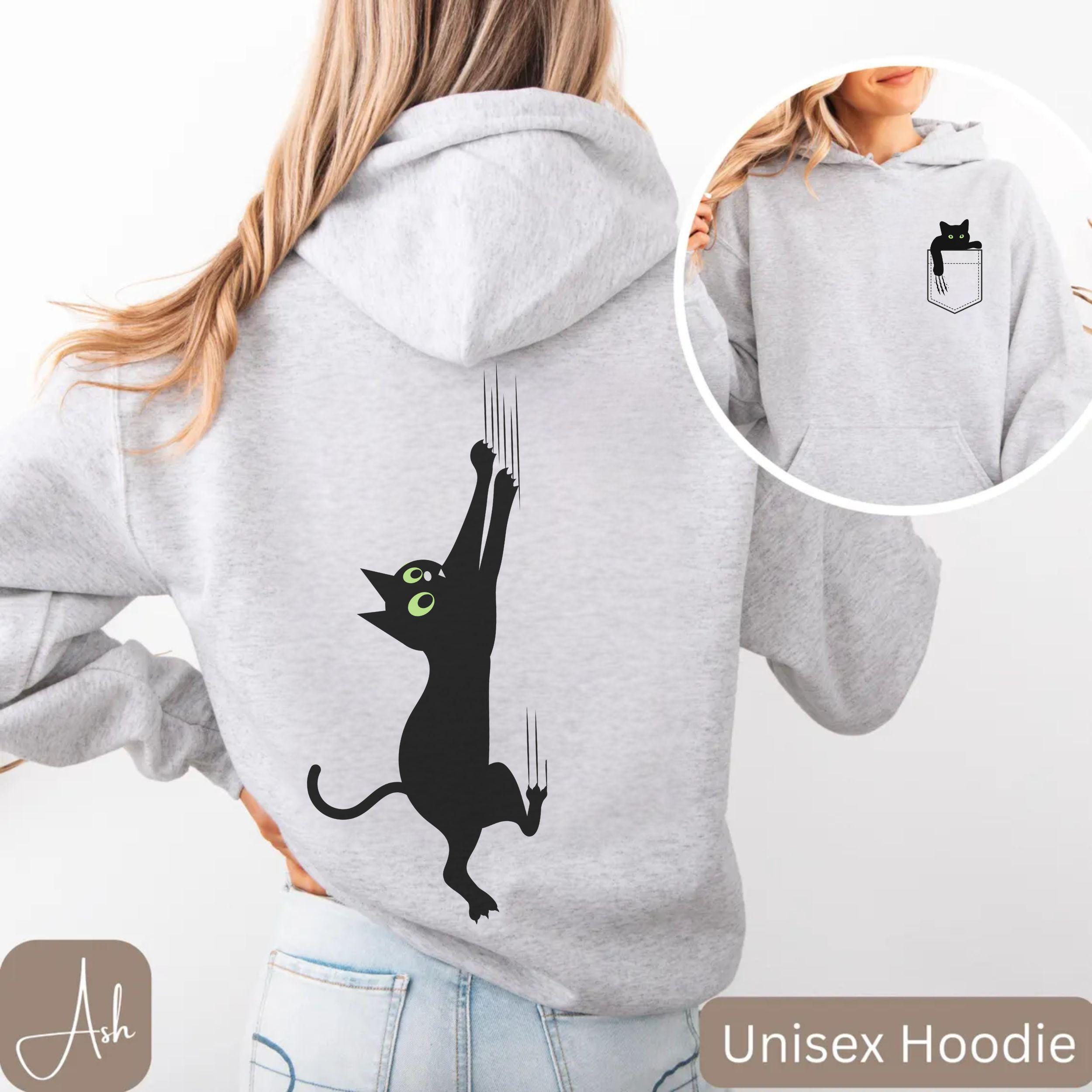 Black Cat Hoodie With Front & Back Print, Cute Climbing Cat Unisex ...