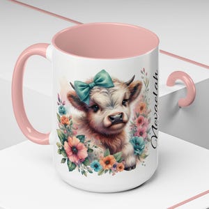 Tazza floreale personalizzata con mucca delle Highlands, tazza da caffè personalizzata per gli amanti delle mucche, regali per le donne con mucca delle Highlands, tazza da caffè unica con mucca, tazza da 11-15 once