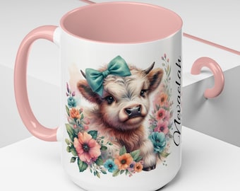 Personalisierte Highland Kuh Blumentasse, individuelle Kaffeetasse für Kuhliebhaber, Highland Kuh Geschenke für Frauen, einzigartige Kuhkaffeetasse, 11oz-15 Unzen Tasse