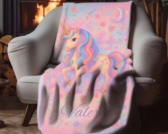 Personalized Rainbow Unicorn Velveteen Plush Blanket, Custom Soft Cuddle Blanket, Kids Room, Gift for Her, Cozy Throw for Unicorn Lover