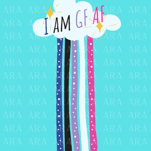 May include: A white cloud with the text "I AM GF AF" in black, pink, and blue letters. The cloud is surrounded by five colorful stripes with white polka dots. The stripes are blue, black, purple, white, and pink.