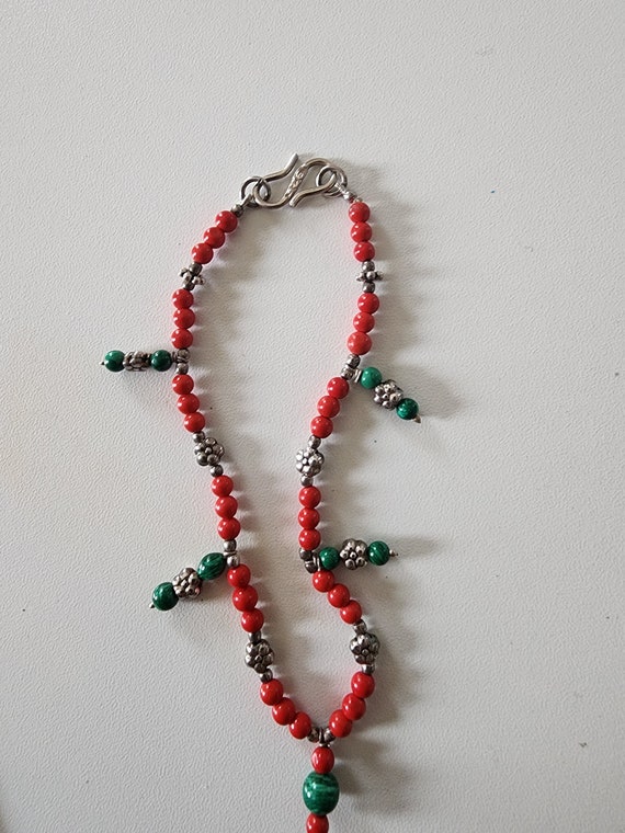 Sterling Silver Malachite Coral Bead Anklet
