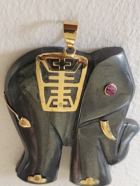 14K Solid Gold Ruby Hematite Elephant Pendant - image 6