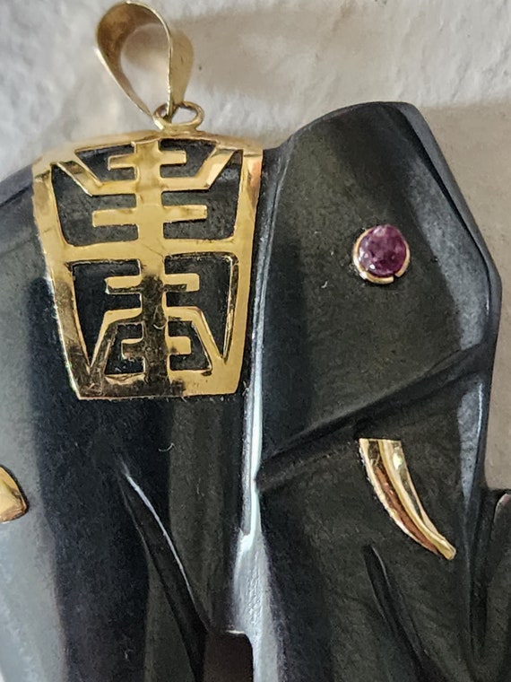 14K Solid Gold Ruby Hematite Elephant Pendant - image 2